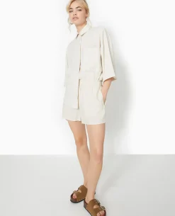 Short Court Taille élastiquée Avec Lin - Beige