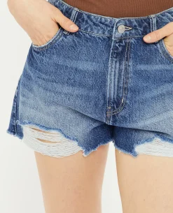 Short En Jean Coupé Effet Destroy - Bleu