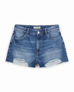 Short En Jean Coupé Effet Destroy - Bleu