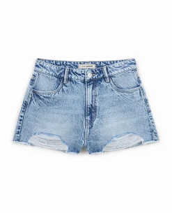Short En Jean Coupé Effet Destroy - Bleu