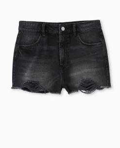 Short En Jean Coupé Effet Destroy - Noir