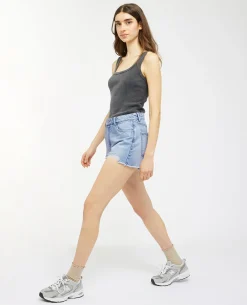 Short En Jean Coupé Effet Destroy - Bleu Clair
