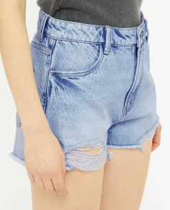 Short En Jean Coupé Effet Destroy - Bleu Clair