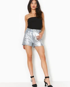Short En Jean Enduit Taille Haute - Bleu Clair