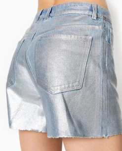 Short En Jean Enduit Taille Haute - Bleu Clair