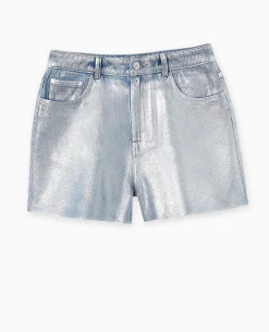 Short En Jean Enduit Taille Haute - Bleu Clair