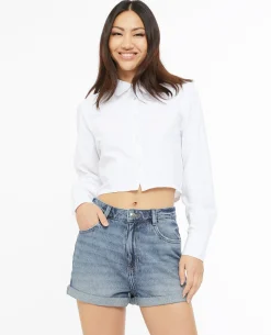 Short En Jean Loose Taille Haute Bas Roulottés - Bleu