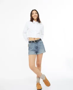 Short En Jean Loose Taille Haute Bas Roulottés - Bleu
