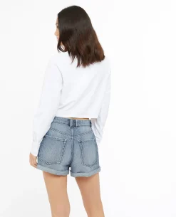 Short En Jean Loose Taille Haute Bas Roulottés - Bleu