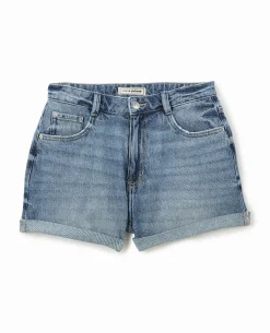 Short En Jean Loose Taille Haute Bas Roulottés - Bleu