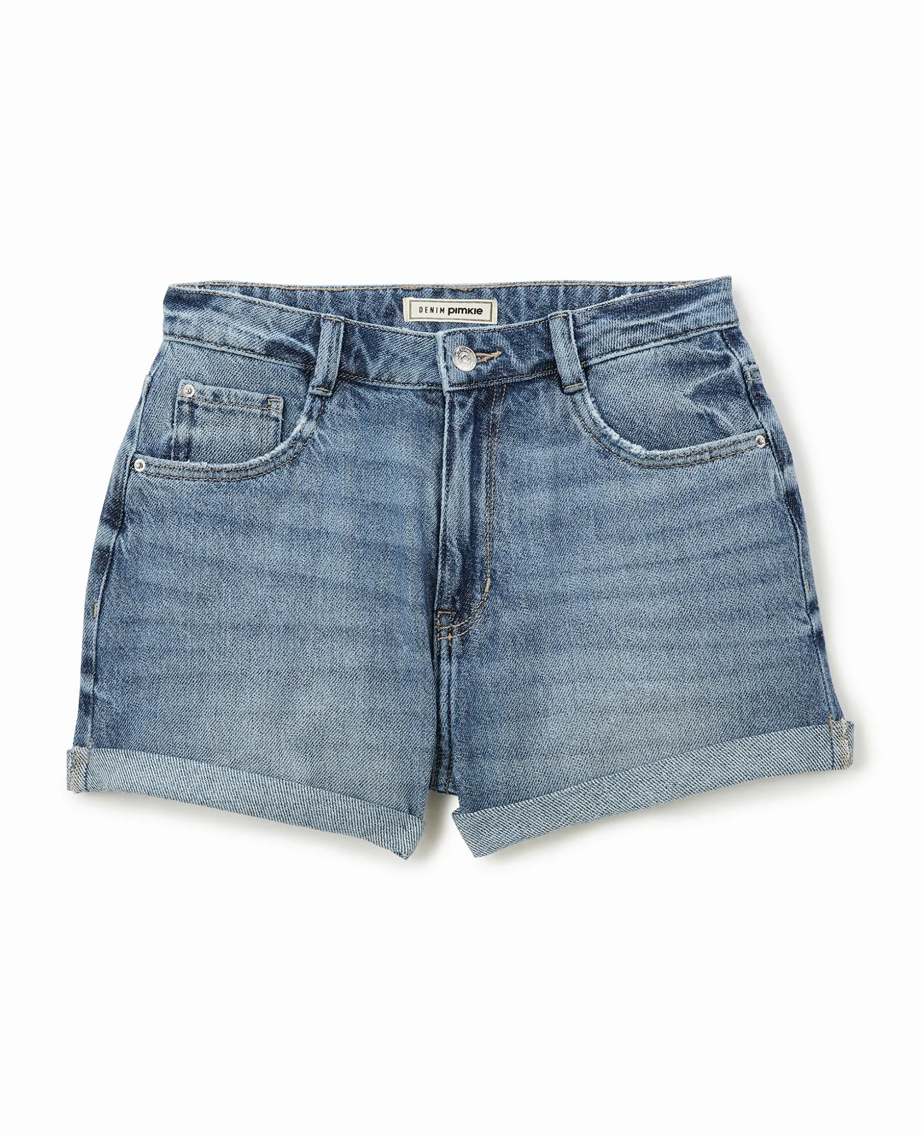 Short En Jean Loose Taille Haute Bas Roulottés - Bleu