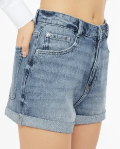 Short En Jean Loose Taille Haute Bas Roulottés - Bleu