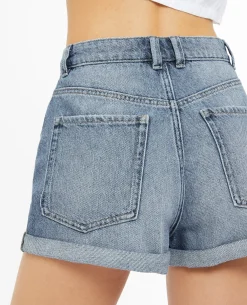 Short En Jean Loose Taille Haute Bas Roulottés - Bleu