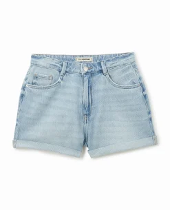 Short En Jean Loose Taille Haute Bas Roulottés - Bleu Clair