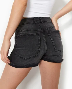 Short En Jean Stretch Avec Bas Coupés - Noir