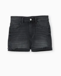 Short En Jean Stretch Avec Bas Coupés - Noir