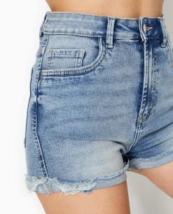 Short En Jean Stretch Avec Bas Coupés - Bleu