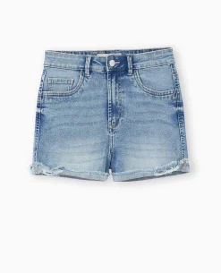 Short En Jean Stretch Avec Bas Coupés - Bleu