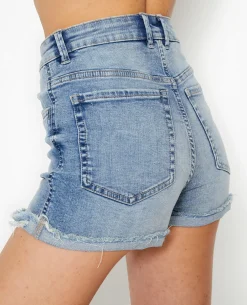Short En Jean Stretch Avec Bas Coupés - Bleu