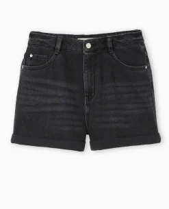 Short En Jean Taille Haute - Noir