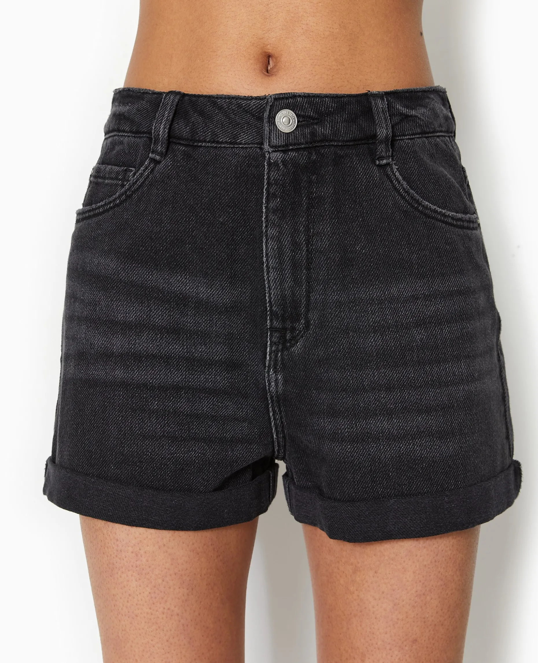 Short En Jean Taille Haute - Noir