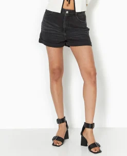 Short En Jean Taille Haute - Noir