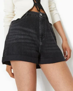Short En Jean Taille Haute - Noir