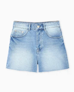 Short En Jean Taille Haute Bas Coupés - Bleu Clair