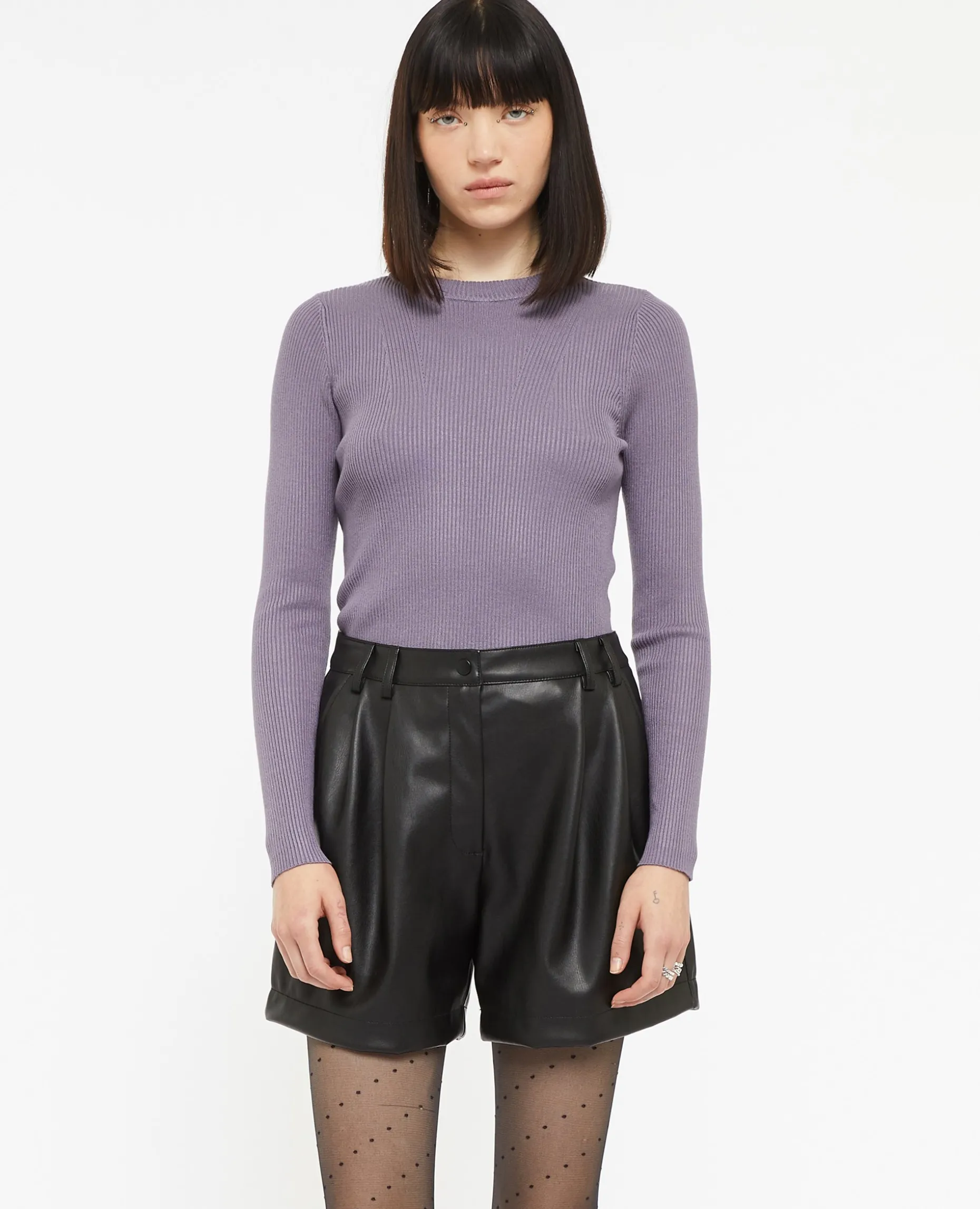Short Taille Haute En Simili Cuir Avec Pinces - Noir