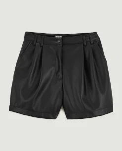 Short Taille Haute En Simili Cuir Avec Pinces - Noir