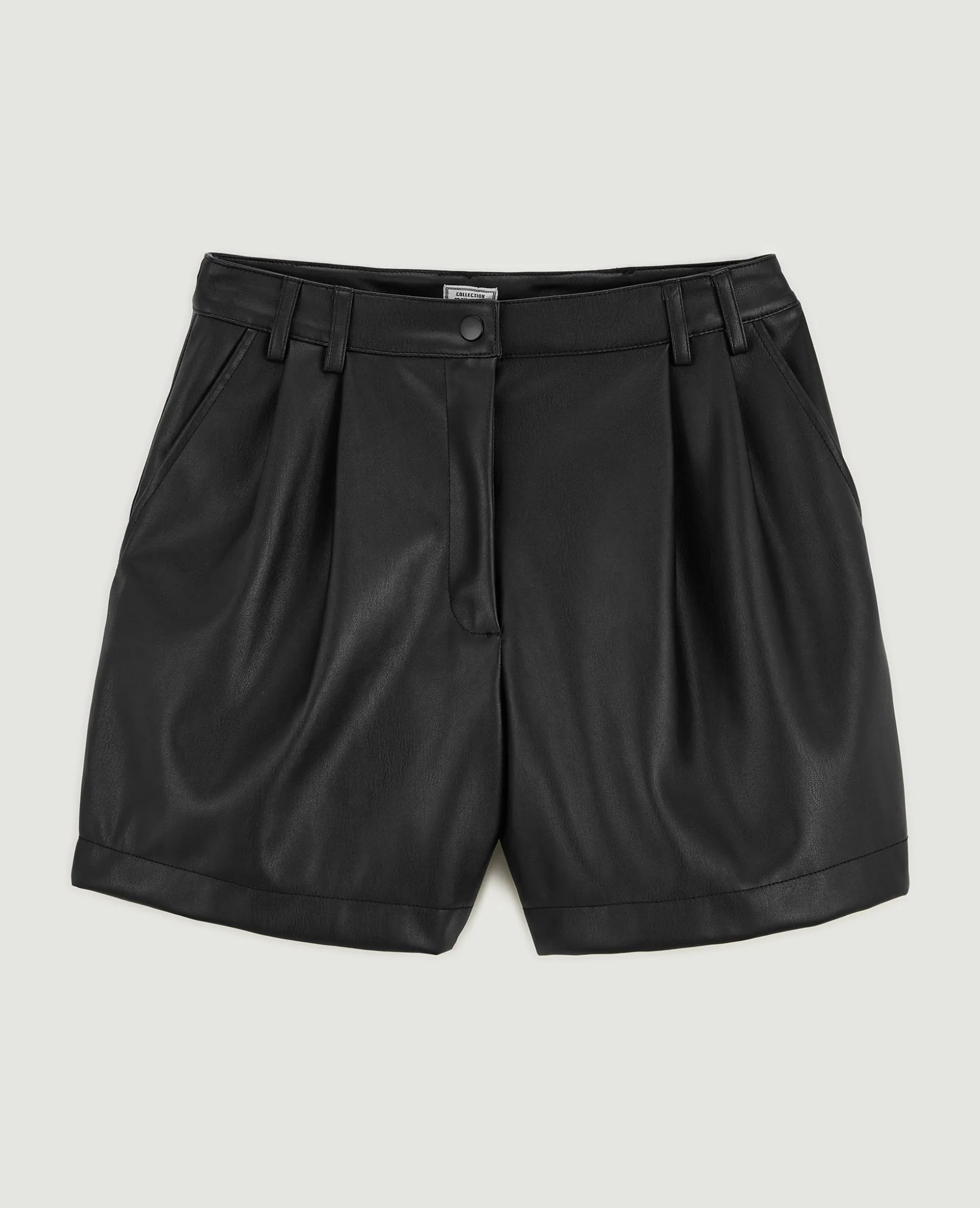Short Taille Haute En Simili Cuir Avec Pinces - Noir