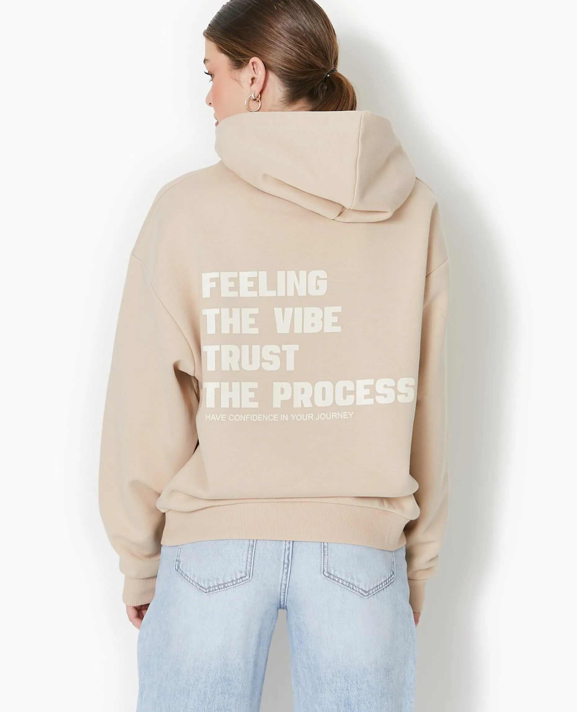 Sweat Capuche Avec Print Devant Et Dos - Beige