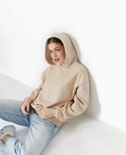 Sweat Capuche Avec Print Devant Et Dos - Beige