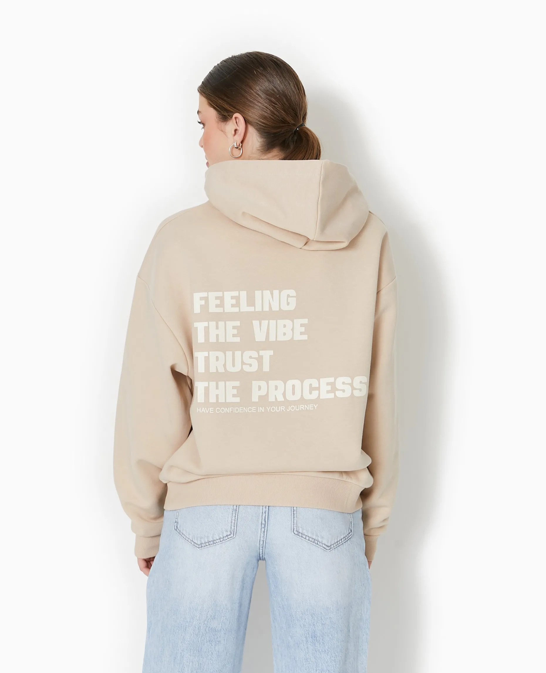 Sweat Capuche Avec Print Devant Et Dos - Beige