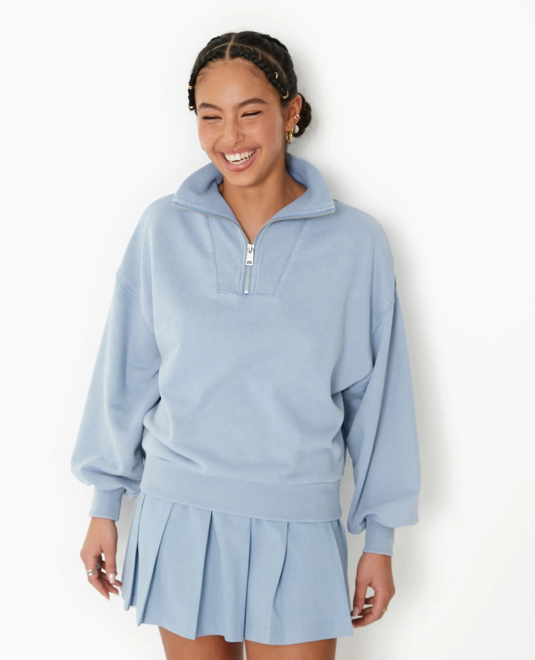 Sweat Col Camionneur Avec Effet Délavé - Bleu