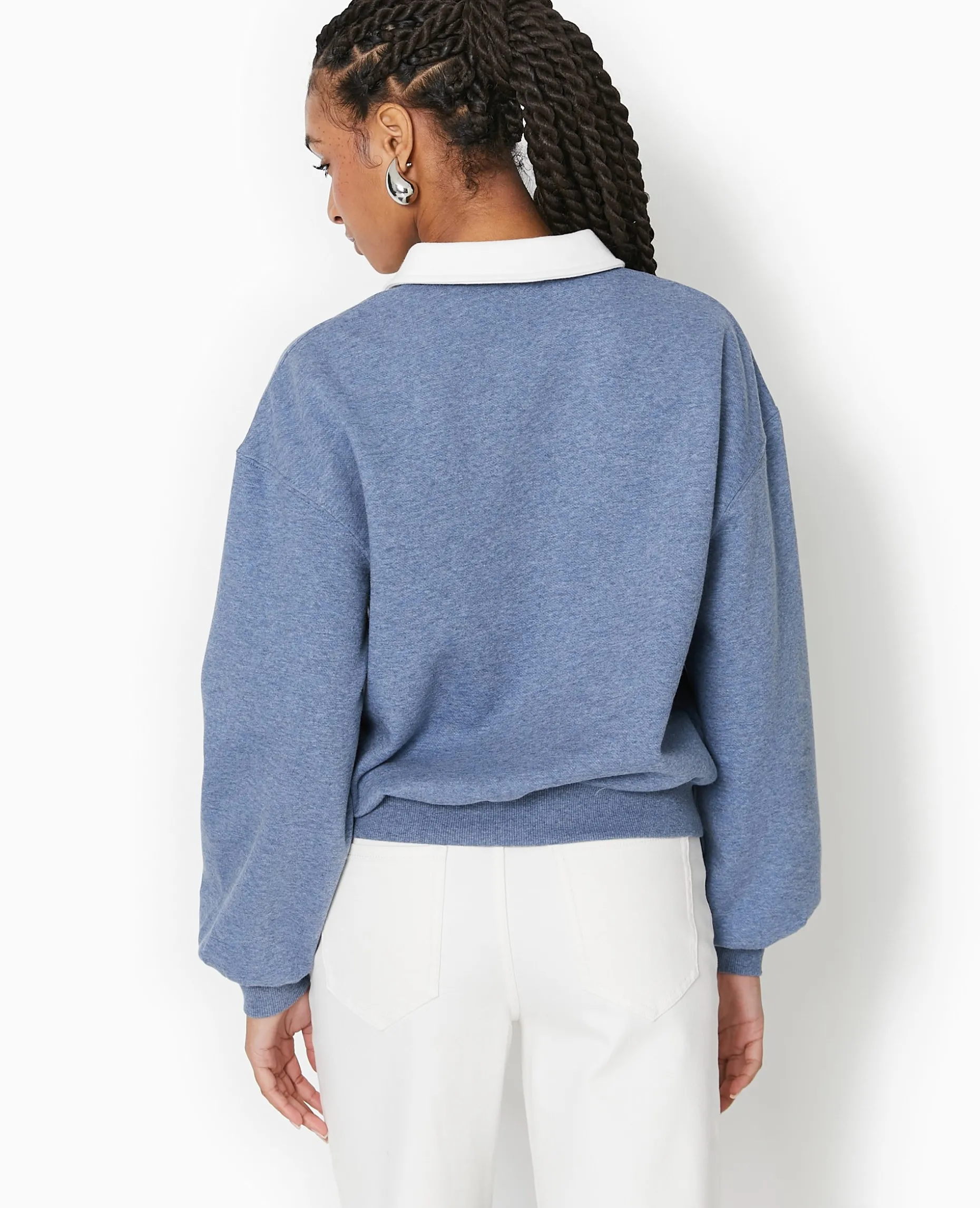 Sweat Col Polo Avec Broderie - Bleu Foncé