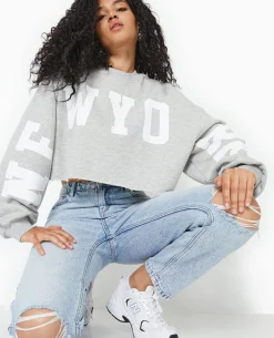 Sweat Cropped Base Coupée Avec NEW YORK - Gris Chiné