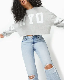 Sweat Cropped Base Coupée Avec NEW YORK - Gris Chiné
