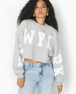 Sweat Cropped Base Coupée Avec NEW YORK - Gris Chiné