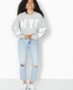 Sweat Cropped Base Coupée Avec NEW YORK - Gris Chiné