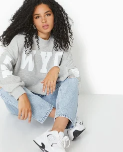 Sweat Cropped Base Coupée Avec NEW YORK - Gris Chiné