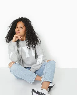Sweat Cropped Base Coupée Avec NEW YORK - Gris Chiné