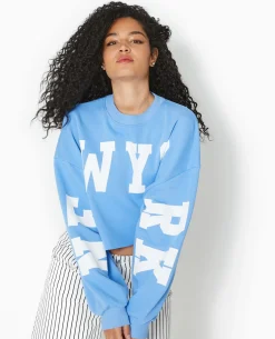 Sweat Cropped Base Coupée Avec NEW YORK - Bleu