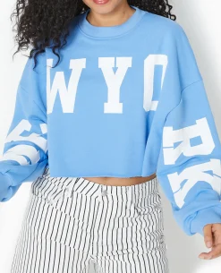 Sweat Cropped Base Coupée Avec NEW YORK - Bleu