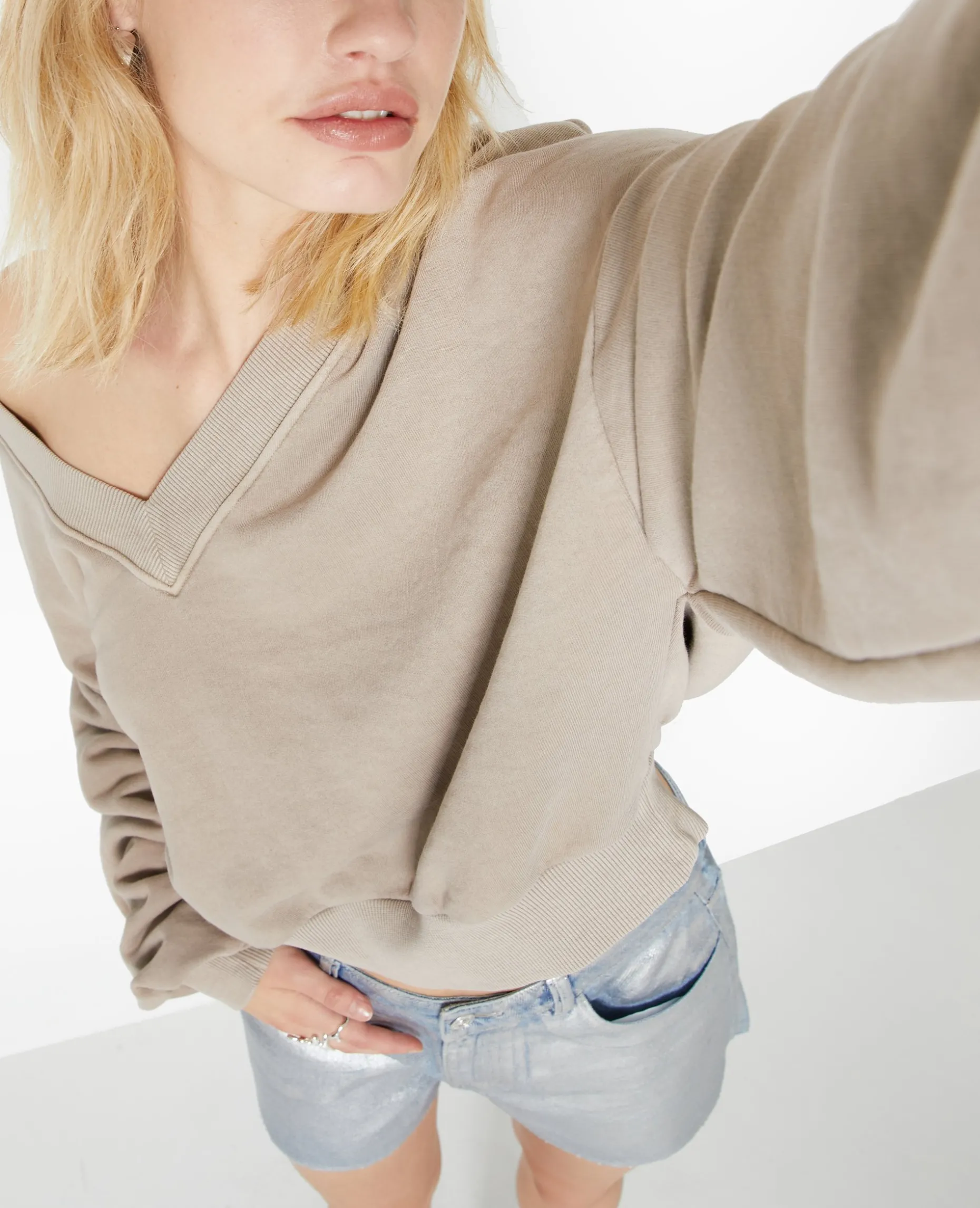 Sweat Grand Col V - Taupe