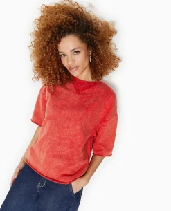 Sweat Manches Courtes Délavé Acid Wash - Rouge