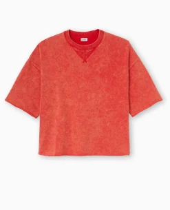Sweat Manches Courtes Délavé Acid Wash - Rouge