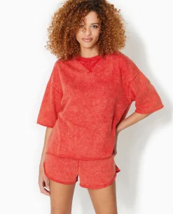 Sweat Manches Courtes Délavé Acid Wash - Rouge