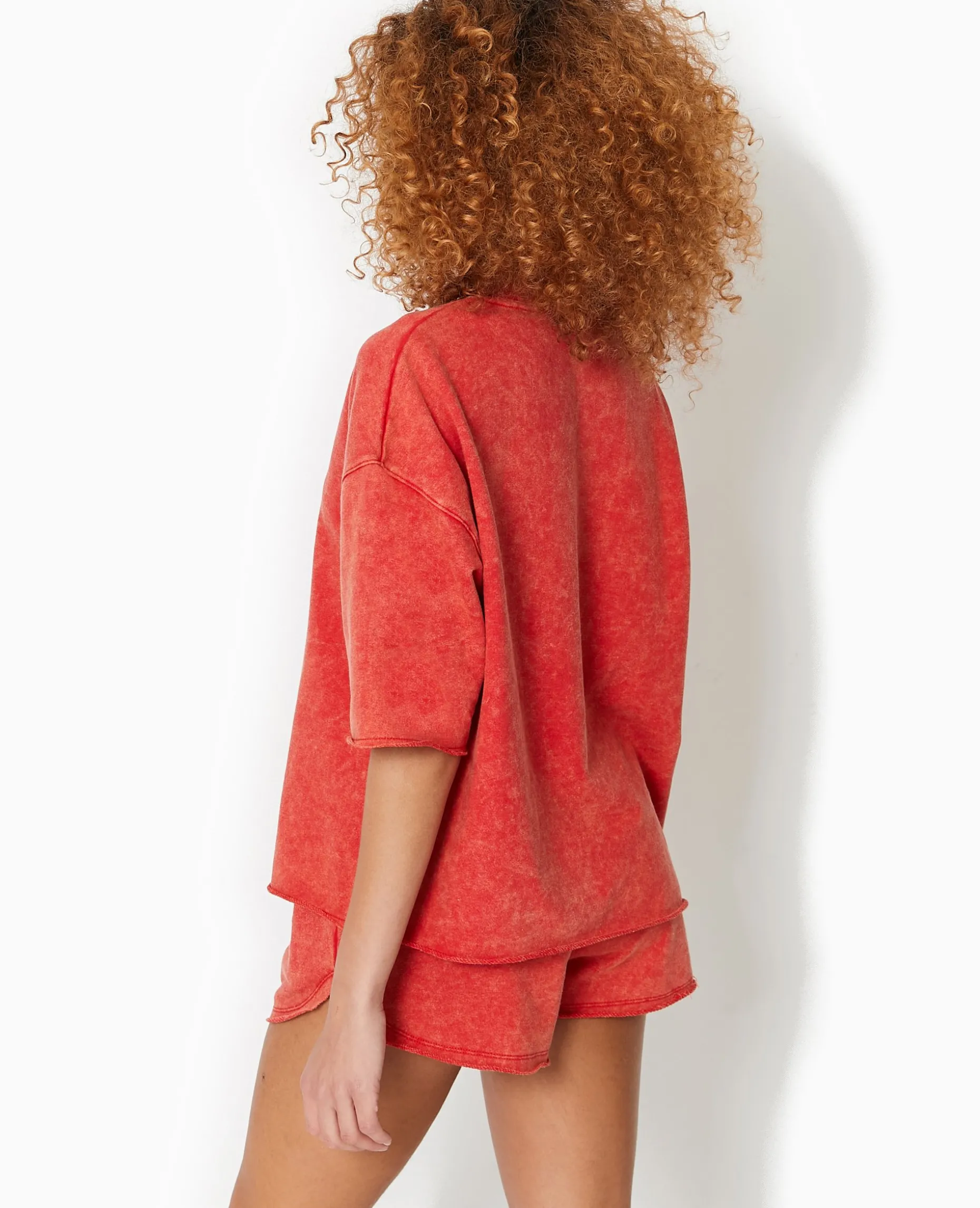 Sweat Manches Courtes Délavé Acid Wash - Rouge