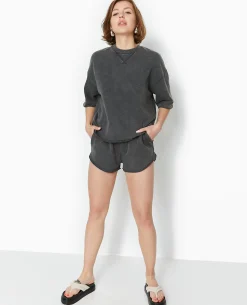 Sweat Manches Courtes Délavé Acid Wash - Gris Foncé